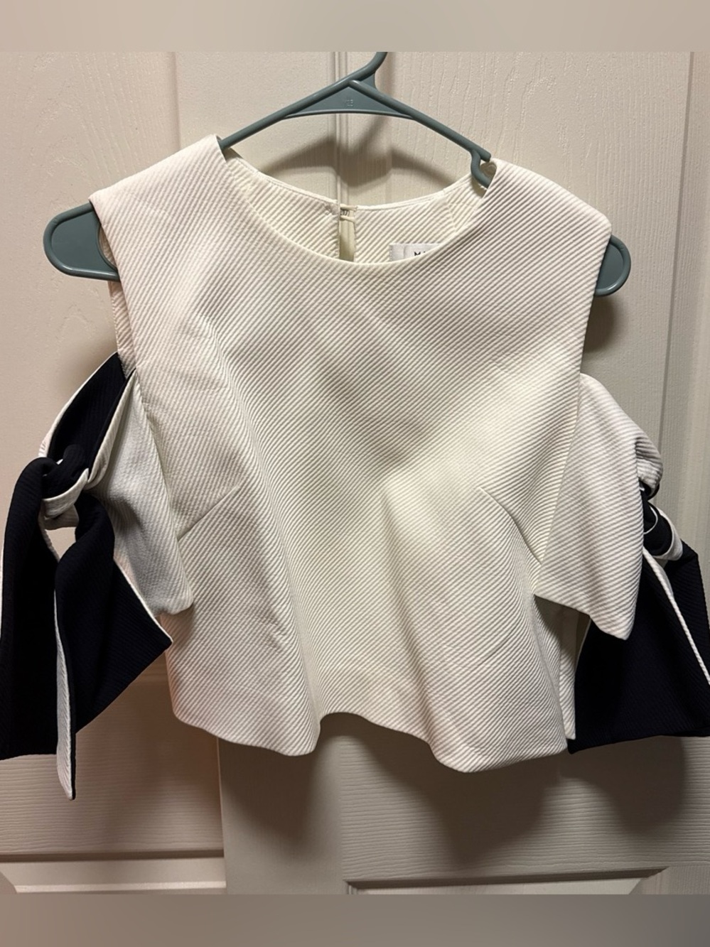 Milly White Textured Cold-Shoulder Crop Top with black Tie Accents